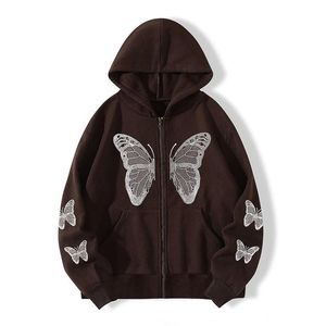 High Quality Cotton Women's Hoodie Embroidered <b>Butterfly</b> Zip-Up Terry Hooded Jacket Winter Acid Wash Eco-Friendly Sublimated - Product Image 1