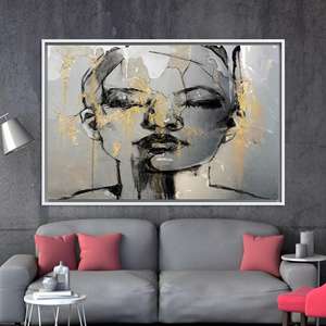 Toile imprimée : Art mural moderne abstrait avec visage de femme doré sur verre, toile encadrée blanche - Product Image 1