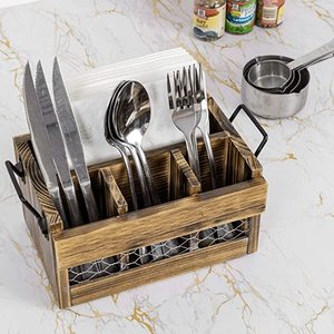 Wholesale Rustic Brown Wood Utensil Holder and Napkin Rack with Black Metal Handles and Metal Net Front Panel Dining Flatware - Product Image 5