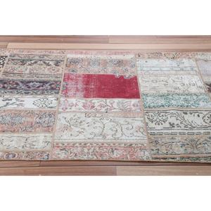 Petit tapis turc vintage 3,6x9,9 pieds, beige, géométrique arc-en-ciel avec éléments floraux - Product Image 3