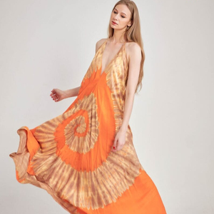 Tie Dye Summer Long Maxi Dress Boho sin mangas con cuello en V 100% Rayon Festival Clothing Backless Long Maxi Dress - Product Image 1