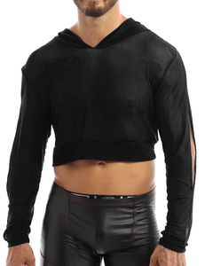 Crop Pullover Hoodie Boys Alta calidad Sexy Night Hooded Tops Hombres 100% Poliéster See Through Hoodies Hombres - Product Image 3