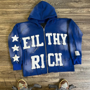 Sweat à capuche en détresse personnalisé de qualité supérieure pour hommes vente chaude fermeture éclair Street Wear coupe ample avec motif solide quantité minimale de commande bas - Product Image 1