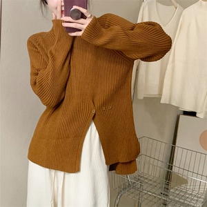 Femmes décontracté demi <span class=keywords><strong>col</strong></span> <span class=keywords><strong>roulé</strong></span> <span class=keywords><strong>pull</strong></span> <span class=keywords><strong>pull</strong></span> couleur unie multi-boutons décoration automne saison coupe ample fente ourlet tricots - Product Image 3