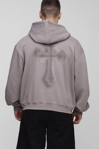 Sudadera con capucha y cremallera personalizada, estilo boxy, de 400 g/m², extragrande, de felpa 100% algodón, con serigrafía y pedrería, para hombre, estilo urbano. - Product Image 2