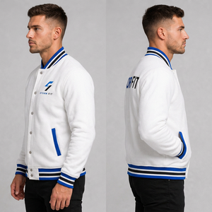 Veste varsity blanche pour homme Storm Fit, style preppy, logo brodé, bordure bleue, coupe classique, col rabattu, vêtement d'automne - Product Image 5