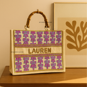 Handmade Heavyweight Tropical Leaf Beaded Canvas Tote Bag Bamboo Handle Luxury Summer <b>Beach</b> Travel Shopper Custom 'Summer Stuff' - Product Image 2