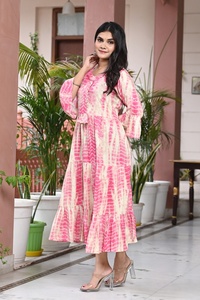 New Traditional Summer Wear Printed Cotton Long Sleeve O-neck Long Vintage Beach Maxi <b>Kurti</b> for Women - Product Image 5