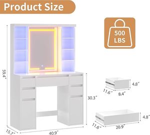 <strong>Vanity</strong> <strong>Desk</strong> <strong>with</strong> LED Mirror and RGB Lights Shelves,<strong>with</strong> Power Outlet, and <strong>with</strong> 5 Sliding <strong>Drawers</strong> &amp; 2 Cabinets for Bedroom - Product Image 2