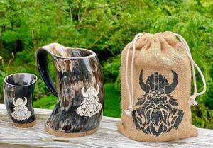 Viking Classic Drinking Horn Mug <b>Set</b> Eco-Friendly Organic Material Disposable Stein with <b>Shot</b> <b>Glass</b> for Home Parties - Product Image 4