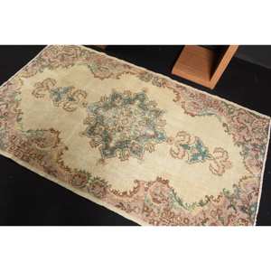 Tapis Vintage en Laine Turque 4 X 7.3ft Beige Marron Grande Surface Rectangle Patchwork Design pour Chambre à Coucher Support en Latex-Style Classique - Product Image 4