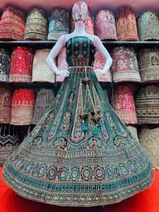 Elegant Bride's Ensemble Winter Velvet Heavy Mirror Work Jarkan Stone Embellished Indian <b>Clothes</b> Lehenga Choli Long Blouse - Product Image 2