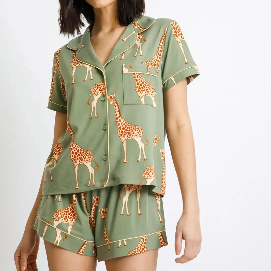 Nuovo arrivo tessuto di cotone Chelsea coetanei stampa giraffa Mini pantaloni donna Top & Shorts Set verde Co-ord Set pigiama da donna