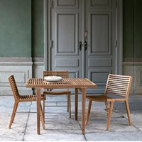 Ensemble de table et chaises de salle à manger en teck de qualité supérieure, finition lisse en acier inoxydable, luxe contemporain, hôtel, centre commercial, école