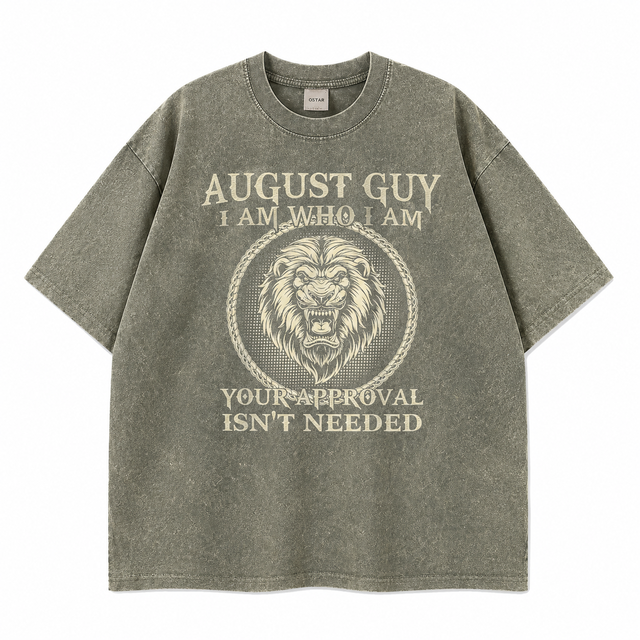 Custom Logo 230gsm Heavyweight 100% Cotton Grey Acid Wash Oversized August Guy Lion Graphic Tee Heat Transfer Print T Shirt