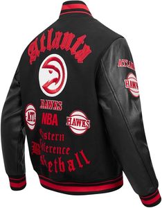 Chaqueta Varsity de los Atlanta Hawks para Hombre, Estilo Inglés Antiguo, Negra/Roja/Negra. - Product Image 2