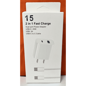 # อะแดปเตอร์แปลงไฟแบบสองพอร์ต 15 ช่อง - 2 ช่องชาร์จเร็ว 25W USB C 3A USB 3A สาย USB C แบบสั้น รองรับการใช้งานกับ EU/US/UK 2A สำหรับหูฟัง - Product Image 1