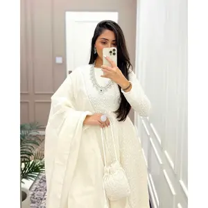 Conjunto de Traje Chikankari Blanco Bordado para Mujer con Bolso Potli, Tallas XS-5XL - Product Image 5