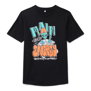 Camiseta de algodón de manga corta con cuello redondo y ajuste holgado para hombre, estilo urbano, con estampado gráfico de personaje alienígena energético y logo frontal con efecto tie-dye. - Product Image 1
