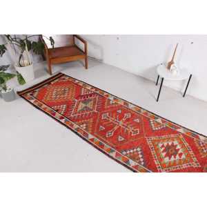 Turkish Vintage <b>Runner</b> Rug 2.8x12.5 ft, <b>Red</b> Gray Floral Rug - Product Image 3