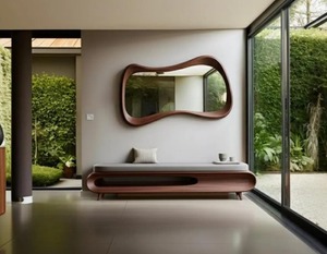 Solid Walnut Organic Eco-Friendly Art Deco <b>Mirror</b> with Hand Carved Asymmetric Wooden Frame at Cheap Price - Product Image 2