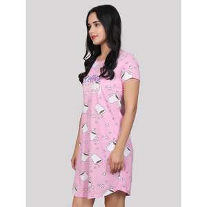 Chemise de nuit courte décontractée Evolve pour femme, 100 % coton, imprimée, tricotée, longueur genou, rose - Product Image 2