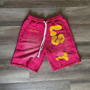 Pantalon de jogging court 100% coton pour hommes personnalisé Streetwear ourlet brut impression bouffante 3D soleil délavé à l'acide solide de Hombre Shorts - Product Image 4