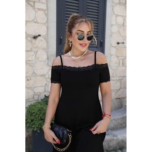Robe mi-longue en viscose pour femme, à bretelles, manches courtes, col avec détails en dentelle, 37092 - Noir - Product Image 3