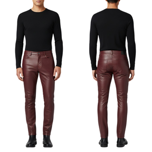 High Quality Lightweight <b>Men's</b> Genuine <b>Leather</b> <b>Pants</b> Casual Mid Waist Flat Front Solid Color Breathable Windproof Streetwear - Product Image 1