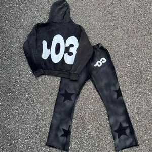 Trajes de sudor de algodón pesado para hombre personalizados, Juego de 2 piezas para correr con estampado gráfico lavado ácido vintage desgastado para invierno - Product Image 2