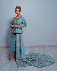 Dazzling-Embellished Crystal <b>Beads</b>, Pearls, Glass Stone on light Sky <b>Blue</b> Jacket-KARAROU DRESS With Belt On Velvet Fabric=2025 - Product Image 1