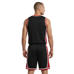 Ensemble d'uniformes de basketball unisexe noir, rouge et blanc, maillot sans manches à col en V, short respirant en polyester, imprimé par transfert thermique, pour adultes - Product Image 3