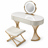 Ensemble de table de maquillage blanche de luxe avec miroir rond LED, tiroirs de rangement, tabouret rembourré, taille et couleur personnalisées, garantie de 2 ans