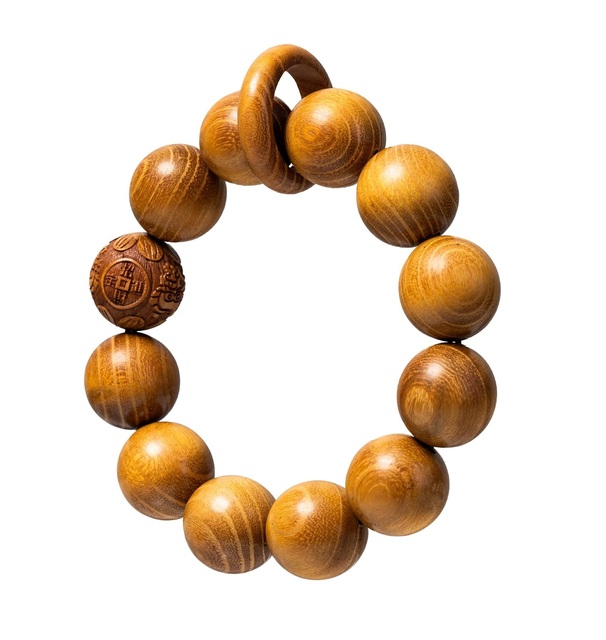 Handmade Unisex 12 Beads Natural Golden Sandalwood Wood Prayer Beads Link Wrist Meditation Star Ring Circumstellar Decompression