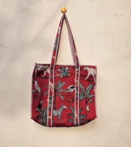 Thevintageartcraft Handmade Lightweight Red Cotton <b>Tote</b> <b>Bag</b> Women Eco-Friendly Vintage Jungle <b>Printed</b> <b>Leopard</b> Quilted Zipper - Product Image 1