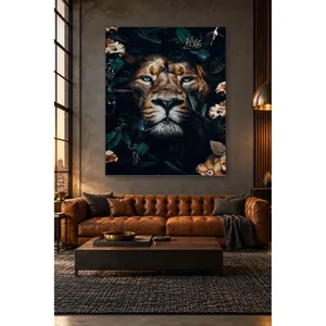 Impression sur toile du lion aux yeux bleus Fida parmi des feuilles sombres - Product Image 2