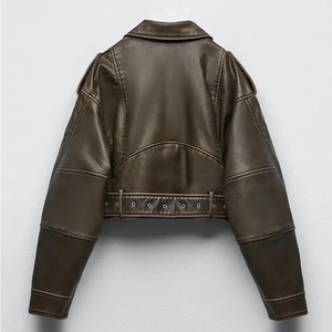 Veste de motard rétro vintage pour femme, en simili cuir PU ample avec fermeture éclair, vêtements de rue, hauts avec ceinture en cuir véritable - Product Image 2