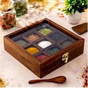 Handmade Eco-Friendly Acacia Wood Spice <b>Box</b> with 9 Compartments Glass Lid Durable Kitchen Storage Organizer for <b>Herbs</b> Spices - Product Image 1