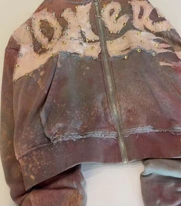 Streetwear personnalisé broderie poids lourd soleil délavé fermeture éclair lavage à l'acide sweat strass Boxy recadrée détresse sweats à capuche homme - Product Image 4