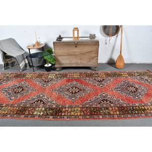 Alfombra turca vintage de 4,7x12,4 pies, rojo, marrón, área grande, diseño de retazos de lana para pasillo, dormitorio, látex para decoración de cabecera - Product Image 1