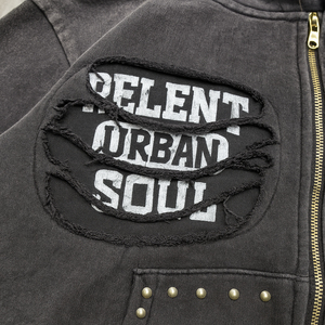 Fabricants de vêtements personnalisés, streetwear, patch, Asidwash, effet délavé, rivets, fermeture éclair, ensemble sweat-shirt et pantalon de survêtement, survêtement - Product Image 5