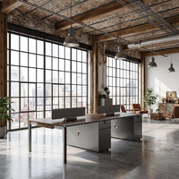 Poste de travail de bureau moderne et durable pour 2 personnes, avec écran de confidentialité double face, hub de prises électriques et meuble de rangement sur pied
