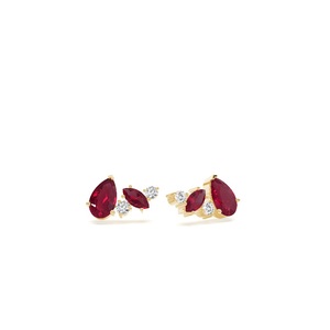 Joyería fina, piedras preciosas naturales, rubí con pendientes de diamante, pendientes de racimo hechos a mano de oro amarillo sólido de 14K para mujer - Product Image 1