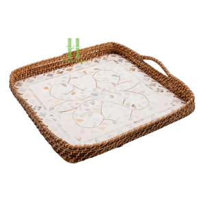 Beautiful Rattan & Mother of Pearl Round Tray with <b>Handle</b> Customized Dishes Plates Handmade Ramadan Serving Tray From Vietnam - Product Image 3