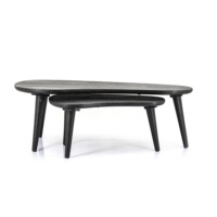 Ensemble de 2 tables basses en bois de manguier massif, finition sablée noire, design industriel moderne, forme ovale pliable, meubles de salon