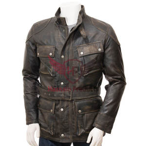 Veste en cuir vintage de haute qualité pour hommes Style motard classique Finition dégradée Doublure en popeline Poches en cuir garnies Hiver - Product Image 1