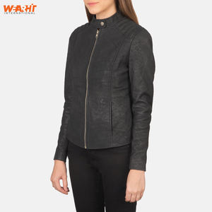 Veste Slim Fit en cuir noir véritable pour femmes élégantes, fermeture à glissière, col montant, manteau décontracté élégant, solide, léger et respirant - Product Image 6