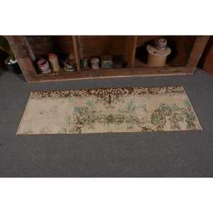 Alfombra turca Vintage 1,7X5 pies Beige Marrón Lana hecha a mano Área grande con diseño de retazos para la habitación de los adolescentes Pasillo Respaldo de látex - Product Image 4