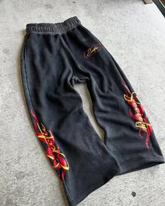 American black solid color letter pattern printed casual washed men's pants <b>Y2K</b> streetwear loose high waisted wide leg pants - Product Image 4