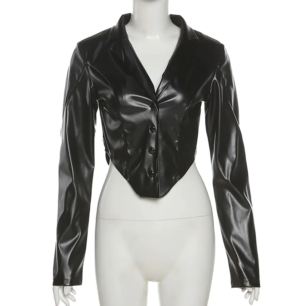 PU Leather Cropped Jackets Women Fashion V Neck Black Long Sleeve Vintage Biker Coats 90s Casual Outwear Female
